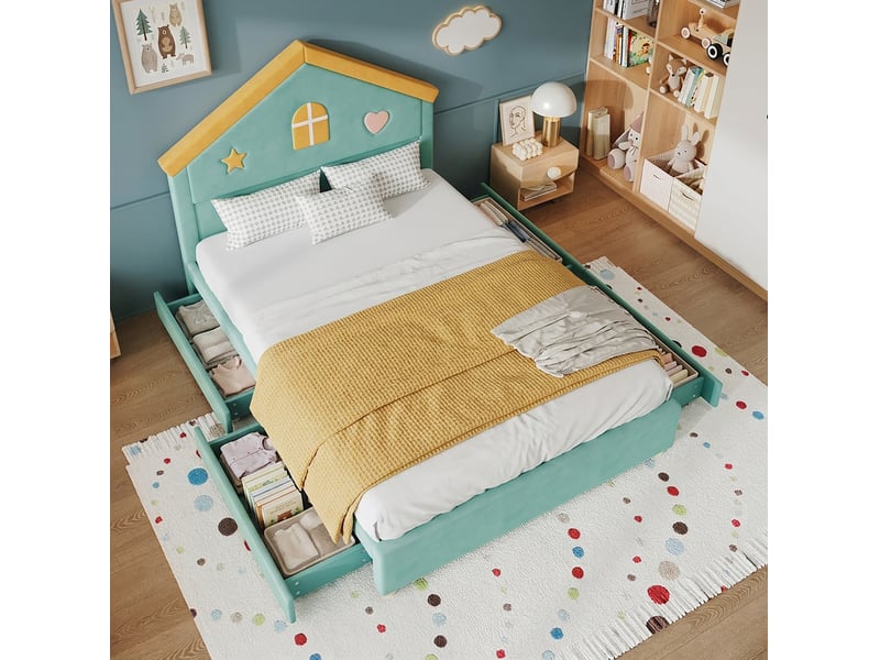  Lit enfant 140x200 cm avec 4 tiroirs, tête de lit maison en velours bleu vert  - Conforama C
