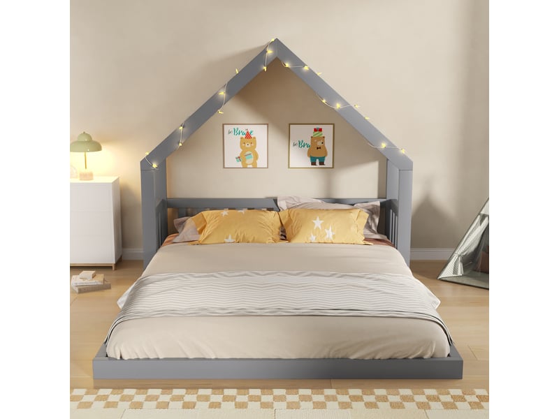  Lit cabane enfant 140x200cm avec toit en tissu et guirlande lumineuse, cadre de lit maison en bois, gris evarich - Conforama E