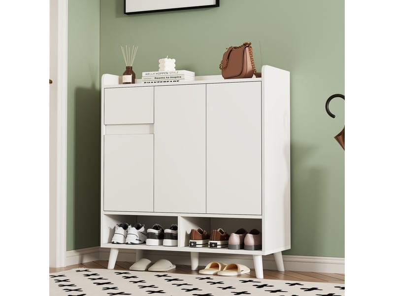  Meuble à chaussures 90x35x99 cm avec portes, niches ouvertes, étagères réglables et pieds en bois, rangement entrée - Blanc Fay Lum - Conforama D