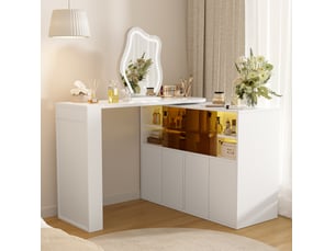 Coiffeuse pivotante avec miroir led tricolore et grand rangement pour chambre, blanche, 177 × 40 × 131,5 cm