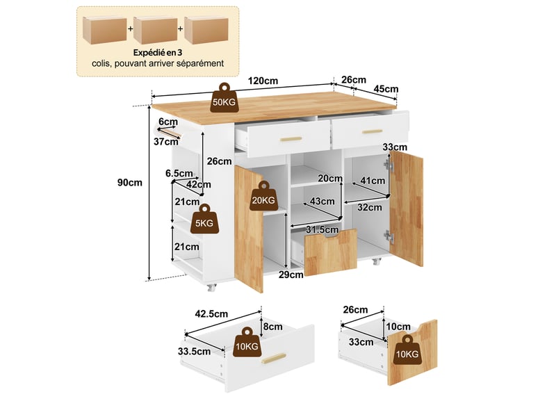 Îlot de cuisine mobile 120 x 4571 x 90 cm avec plateau rabattable, 3 tiroirs, étagères et roulettes, blanc et bois - Conforama C