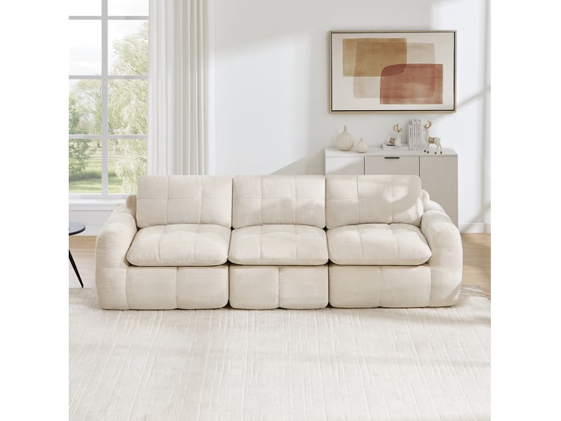  Canapé modulaire 3 places sans cadre, matelassé, assise ergonomique et coussins épais en chenille beige  - Conforama E