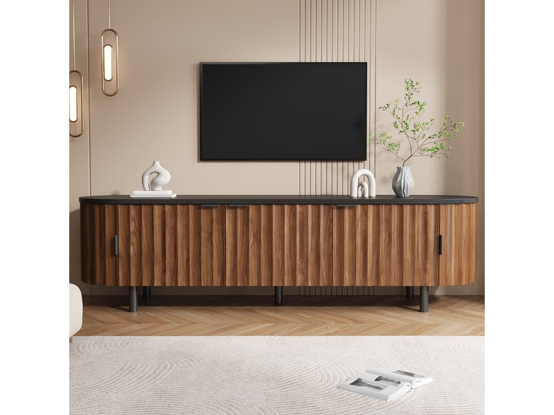  Meuble tv 170 cm avec 5 portes, façades rainurées, côtés arrondis, grand rangement, pieds et poignées métal, mdf effet noyer, pour salon  - Conforama B