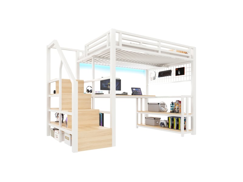  Lit mezzanine blanc 140 × 200 cm, bureau, led, rangements, 2 usb, type-c et grille suspendue  - Conforama D