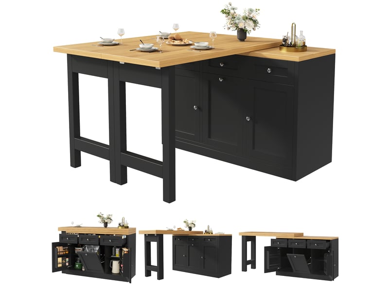 Table bar extensible 120-200x40x76 cm avec rangement et tiroir, îlot de cuisine multifonctionnel, mdf noir  - Conforama A