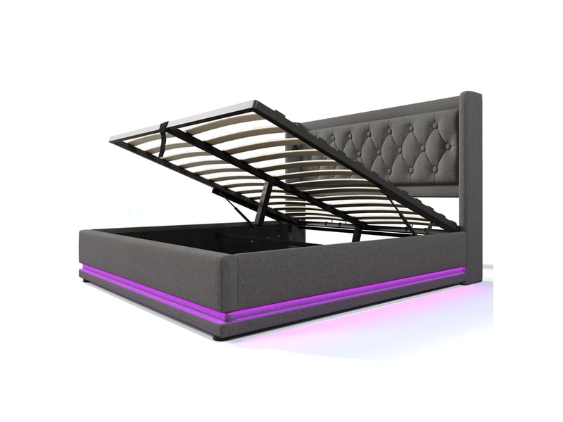 Lit coffre adulte 160x200 cm – gris – rangement hydraulique, led 3 côtés et matelas à ressorts inclus - Conforama D