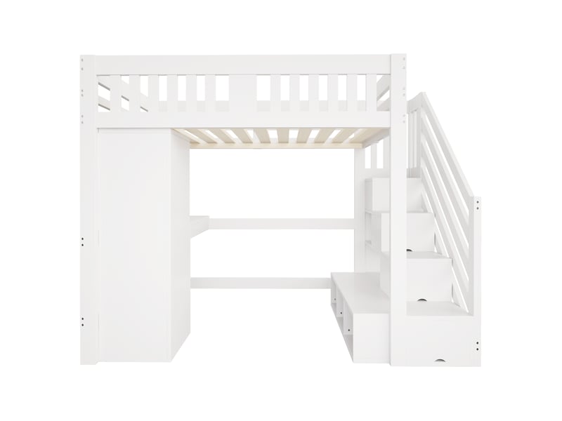  Lit mezzanine bois blanc 140x200 cm, bureau, armoire, banc rangement, prises, escalier et led  - Conforama A
