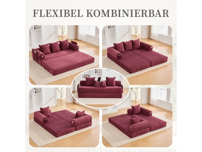  Canapé-lit 3 places convertible canapé au sol canapé modulable canapé compressé en velours côtelé avec structure en métal, rouge  - Conforama R
