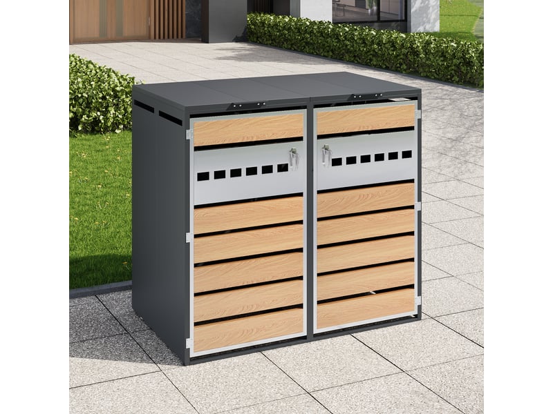 Abri poubelles en acier verrouillable à double compartiment gris et bois chicfurn - Conforama C