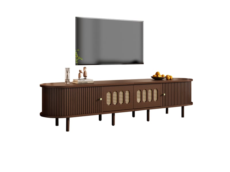  Meuble tv 2 portes coulissantes 2 tiroirs et compartiment rangement meuble de salon design minimaliste 180x40x40cm noyer  - Conforama A