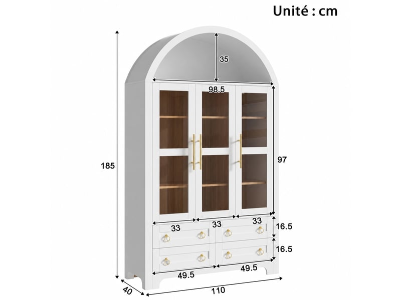 Buffet blanc avec 3 portes vitrées, 4 tiroirs et espace ouvert arrondi, 110 x 40 x 185 cm - Conforama C