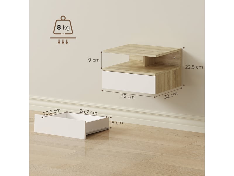  Lot de 2 tables de chevet murales, tables de nuit suspendues avec tiroir, étagère ouverte, 35x32x22,5cm, blanc et chêne  - Conforama C