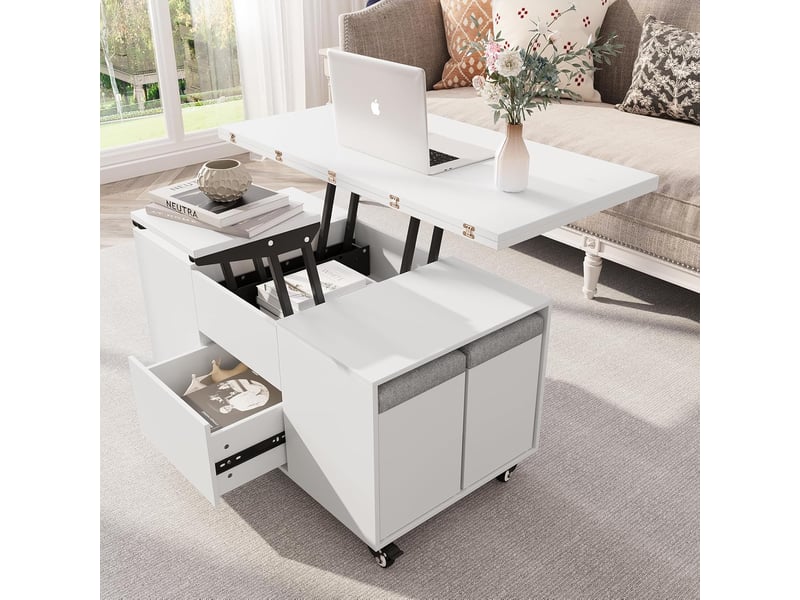  Table basse relevable, table de salon multifonctionnelle 4 en 1, table basse convertible en table à manger, 108l x 105p x 68h cm (blanc)  - Conforama B