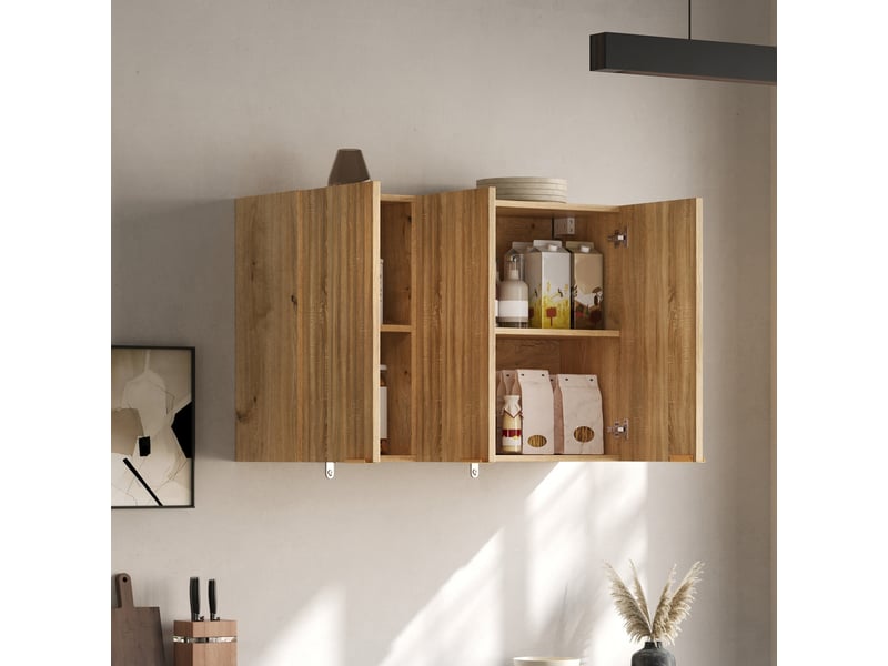  Armoire murale cuisine 3 portes meuble haut de rangement placard suspendu 90x29x60 cm naturel  - Conforama R