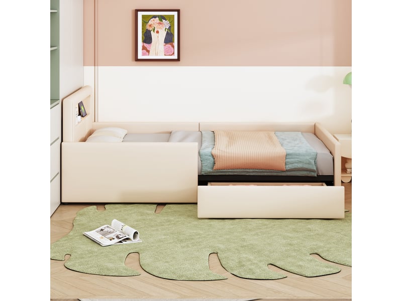  Lit enfant 90x200 cm avec led, tiroir, port usb, sommier, cuir artificiel beige, sans matelas  - Conforama D