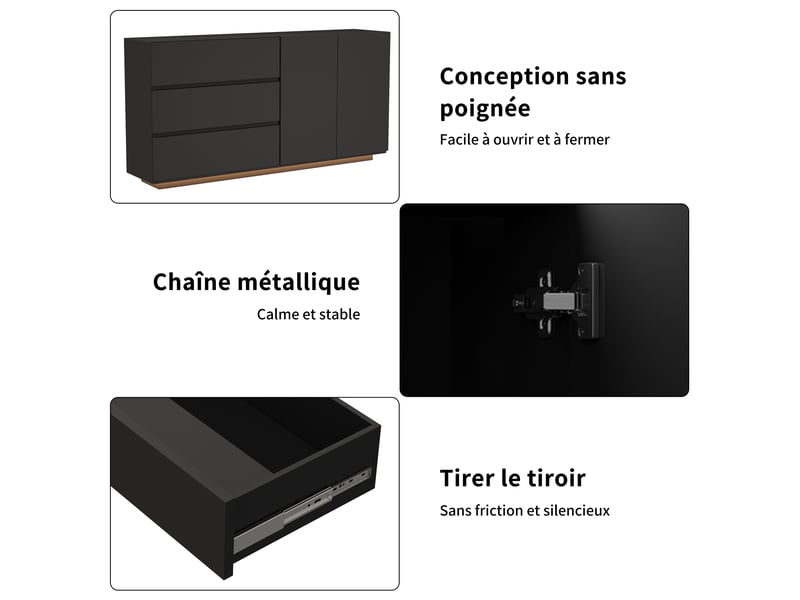 Kefsr buffet noir brillant avec led - meuble tv & bahut moderne 2 portes 3 tiroirs, sans poignée, design laqué pour salon, salle à manger et entrée (160x35x71cm) - Conforama W