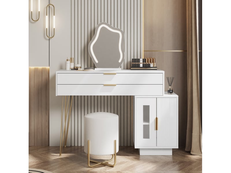  Coiffeuse avec miroir led à 3 modes, 2 grands tiroirs et caisson coulissant, pour chambre, blanc, 100 × 40 × 78 cm  - Conforama D