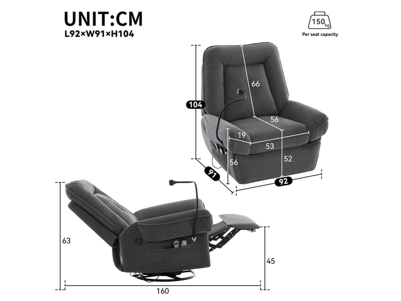  Fauteuil tv relax électrique et massant 104 x 92 x 91 cm – pivotant à 360°, chauffant avec port usb et support téléphone –  velours côtelé - gris  - Conforama C