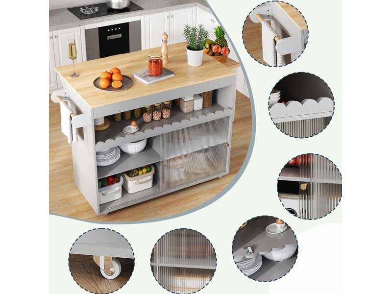  Desserte de cuisine 122x46(69)x91 cm grise avec plateau rabattable et roulettes  - Conforama E