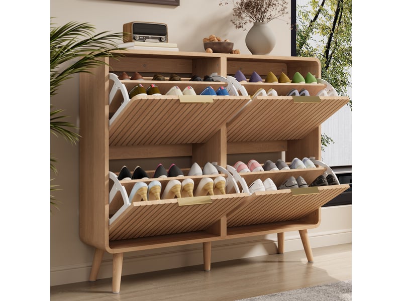  Meuble à chaussures 105x24x90 cm, 4 abattants et capacité 18 à 24 paires, rangement pratique pour entrée et couloir - bois clair  - Conforama B
