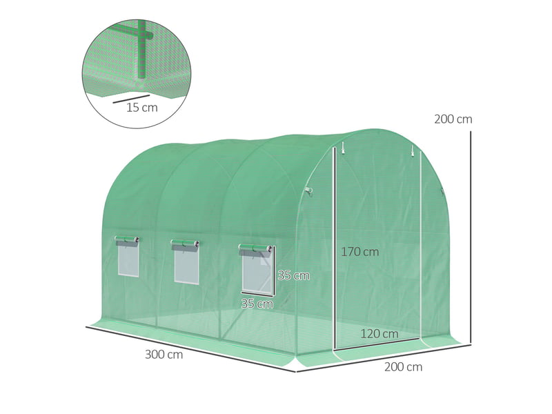 Serre de jardin tunnel surface sol 6 m² 3l x 2l x 2h m acier porte zippée 6 fenêtres enroulables vert - Conforama E