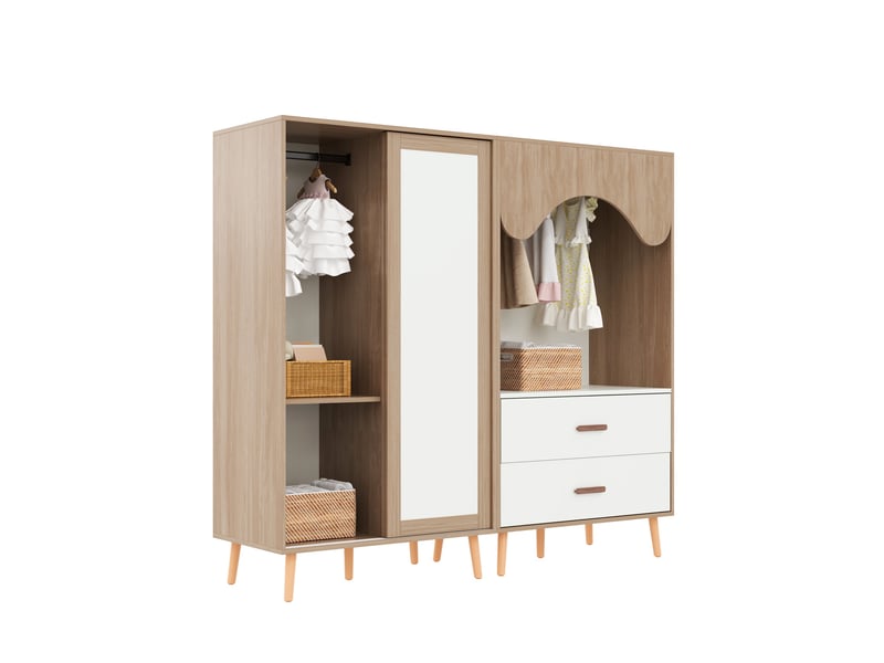  Ensemble armoire enfant, portes coulissantes, penderie ouverte, tiroirs, blanc et bois naturel  - Conforama E