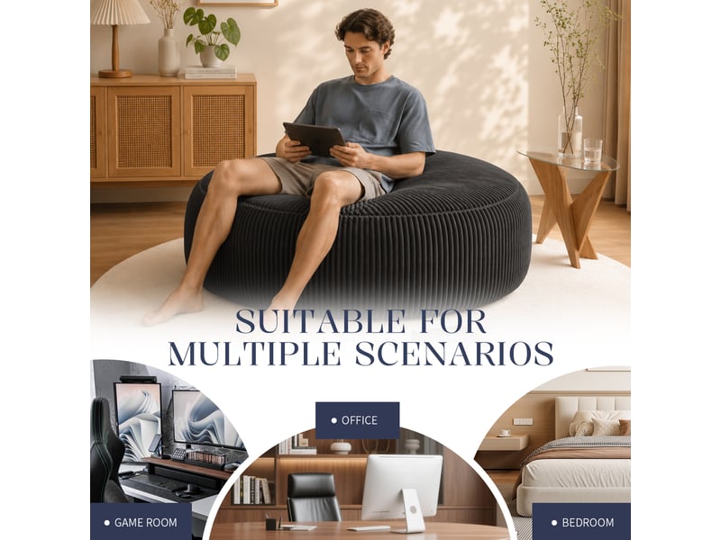  Fauteuil pouf rond en velours côtelé avec mousse à mémoire de forme, assise souple pour salon et chambre, noir  - Conforama E
