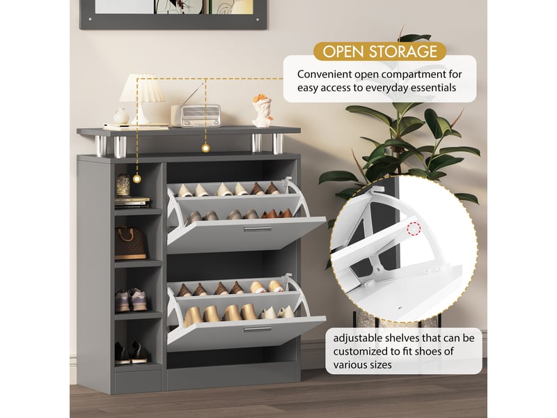  Meuble à chaussures 80x25x96,5 cm avec miroir, ensemble vestiaire entrée moderne gris mat, panneau mural et porte-manteaux  - Conforama R