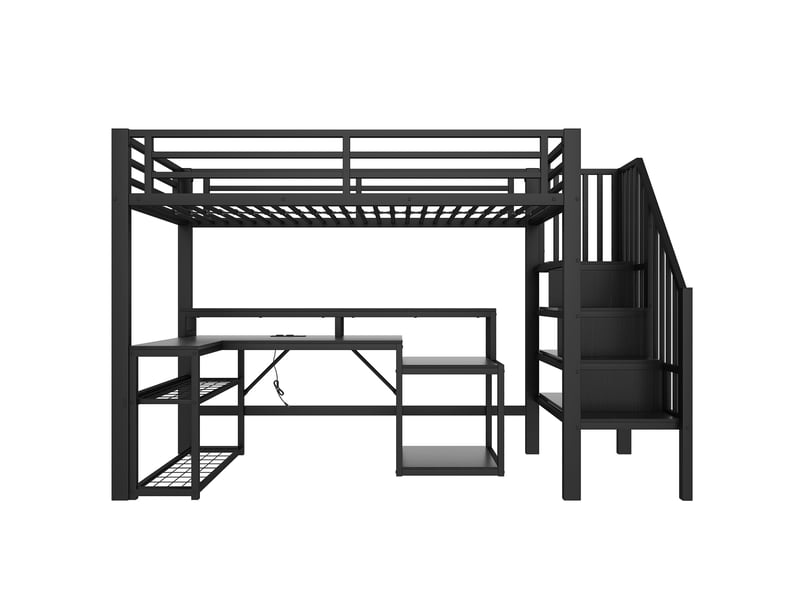 Lit mezzanine avec bureau, escalier rangement, led et usb, métal noir, 90x200 cm, sans matelas - Conforama A