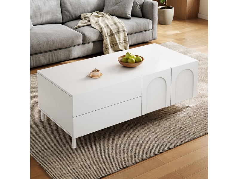  Table basse avec 2 tiroirs et 2 portes, rangement fermé, pieds en acier, pour salon, blanche 100 × 50 × 39,5 cm  - Conforama E