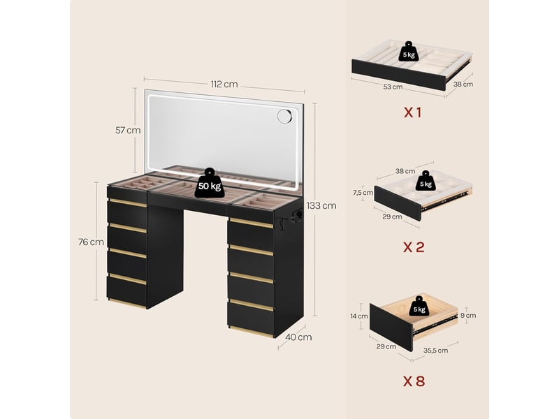 Coiffeuse avec miroir led, 11 tiroirs, station de charge, plateau en verre,112x40x133 cm,noir+doré - Conforama E