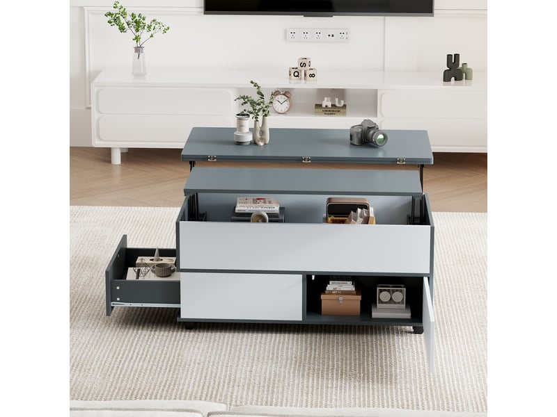 Table basse relevable 100x98x65 cm avec compartiments de rangement cachés, roulettes et tiroirs - Conforama C