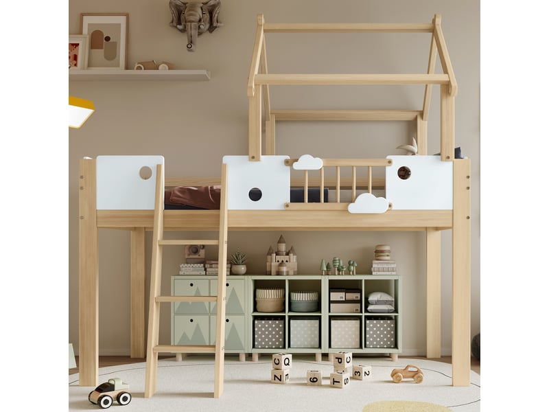  Lit mezzanine cabane enfant 90 x 200 cm avec toit, garde-corps, échelle inclinée 3 marches, espace libre sous le lit, pinmdf, blanc et naturel  - Conforama C