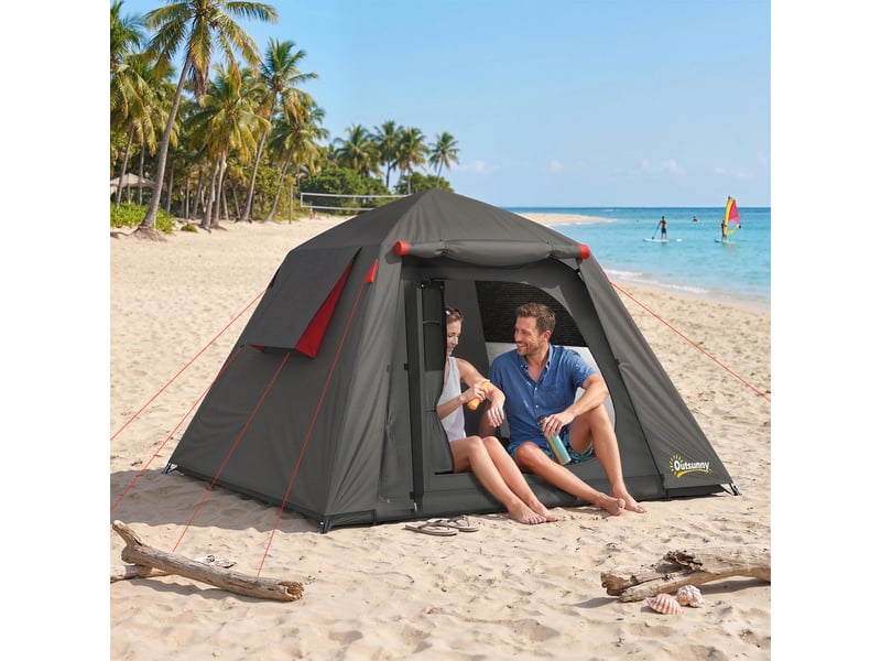  Tente camping 2 pers., dôme imperméablecoupe-vent 3000 mm, 2 portes, 2 fenêtres moustiquaire, 2 latérales, sac.  - Conforama D