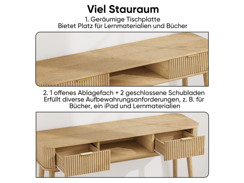  Table basse avec rangement table de salon à tiroirs compartiment ouvert aspect chêne style vintage design mid-century fonction bureau design moderne format console  - Conforama B