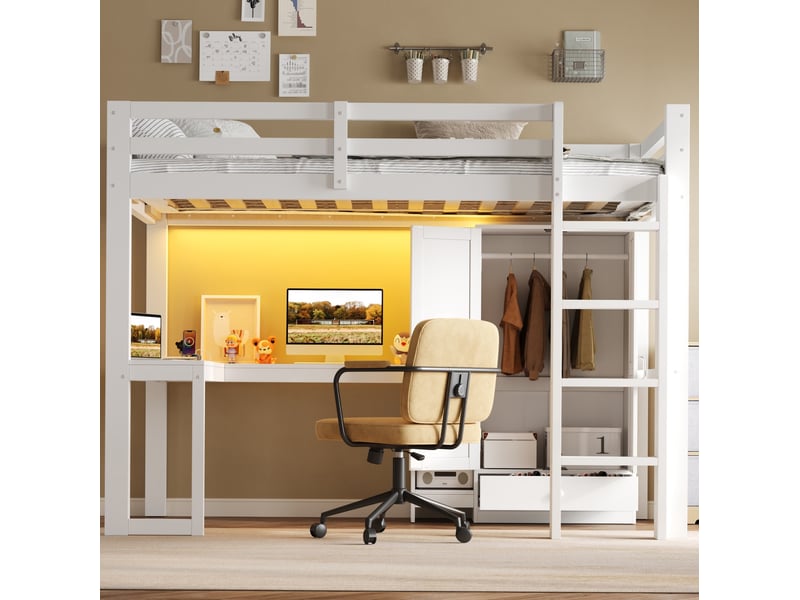  Lit mezzanine 90 × 200 cm avec bureau, étagères, armoire à 1 tiroir, éclairage à couleurs réglables et port usb  - Conforama E