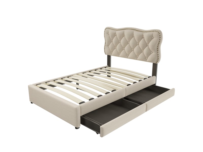  Lit rembourré beige foncé 90x200 cm avec détails cloutés et 2 tiroirs de rangement  - Conforama E