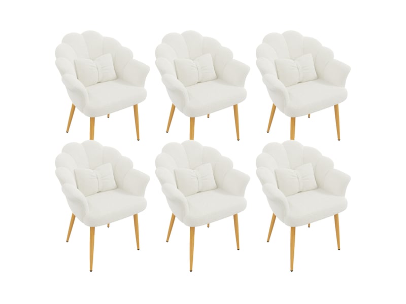  Lot de 6 fauteuils de salle à manger 64x65,5x85 cm en tissu teddy blanc, pieds dorés  - Conforama A
