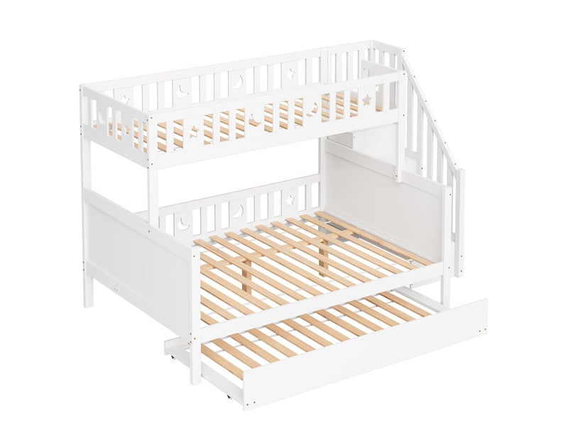  Lit superposé enfant 90x200 cm – blanc – escalier de rangement, couchage gigogne et sommier à lattes inclus  - Conforama D