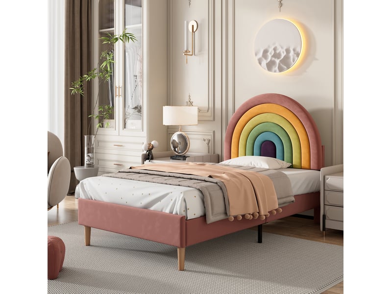 Lit simple enfant 90x200 cm, pieds 16cm, tête réglable 6 cm, sommier à lattes solide, velours, rose, sans matelas - Conforama E