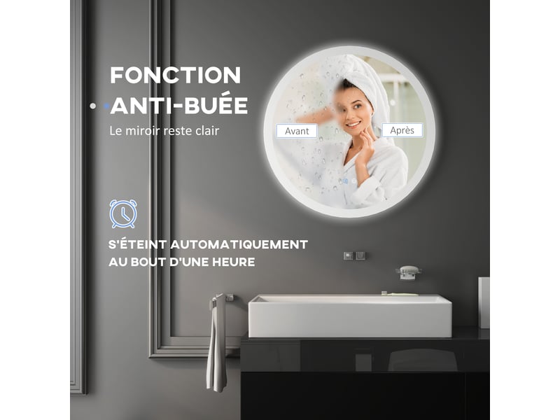 Miroir rond lumineux led de salle de bain ø 70 cm mural éclairage interrupteur tactile système antibuée 35w blanc argent - Conforama R
