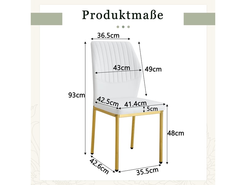  Lot de 4 chaises de salle à manger avec dossier côtelé  - assise rembourrée, pu et métal blanc et doré  - Conforama D