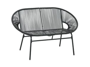 Banc de jardin 2 places en résine tressée noire, structure acier, dossier haut, idéal terrasse et balcon