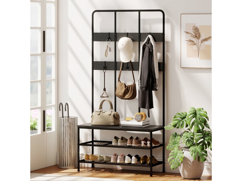  Porte-manteau 3 en 1, crochets pour vêtements, banc, étagère à chaussures, métal, panneaux de particules, noir  - Conforama D