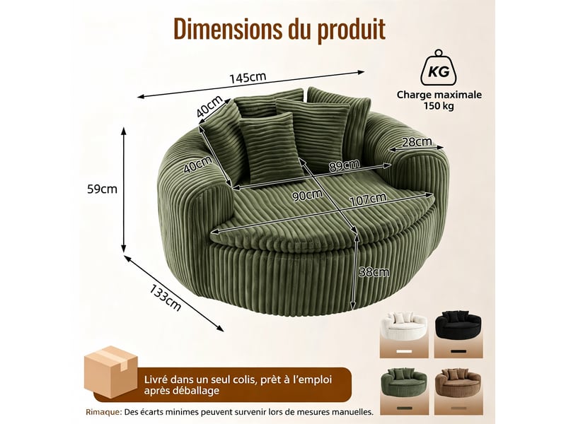  Pouf lounge côtelé en velours côtelé vert avec assise profonde et 5 coussins pour... IKSETERA TRADING LTD - Conforama C