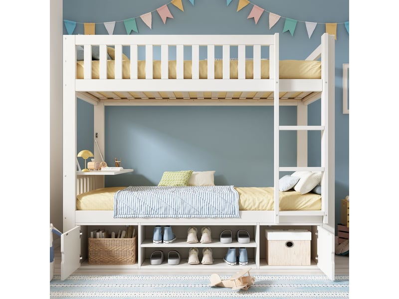 Lit superposé enfant 90 x 200 cm blanc plateau de table rabattable rangement à chaussures intégré solution tout-en-un peu encombrante testé en 747 - Conforama B