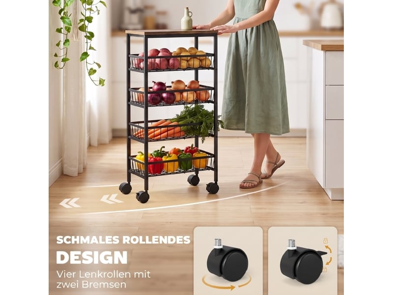  Desserte de cuisine 4 niveaux marron rustique et noir, 4 paniers coulissants sur roulettes avec freins  - Conforama D
