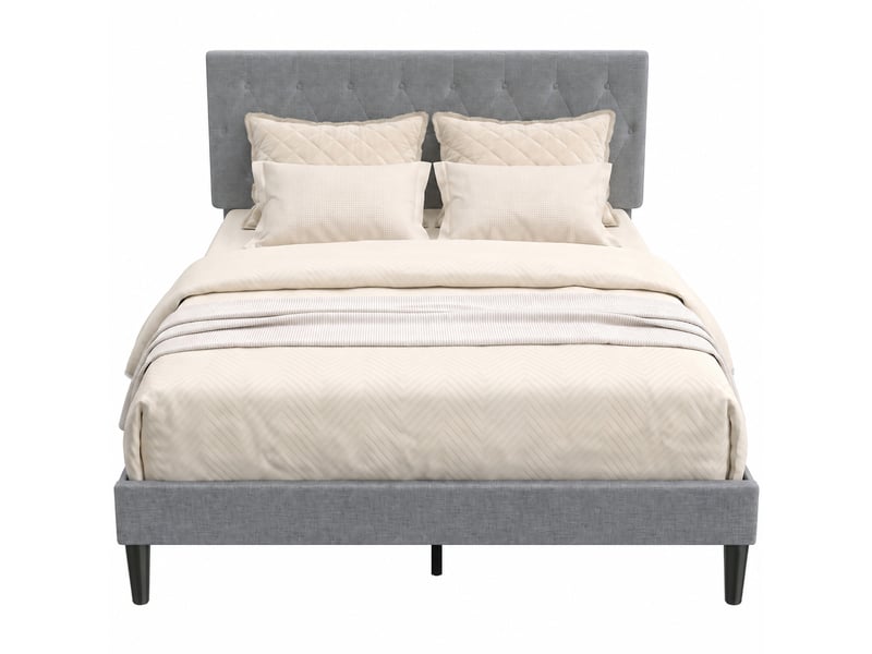  Cadre de lit 140 x 190 avec sommier, lit double capitonné en lin gris, tête rembourrée, 10 lattes  - Conforama A