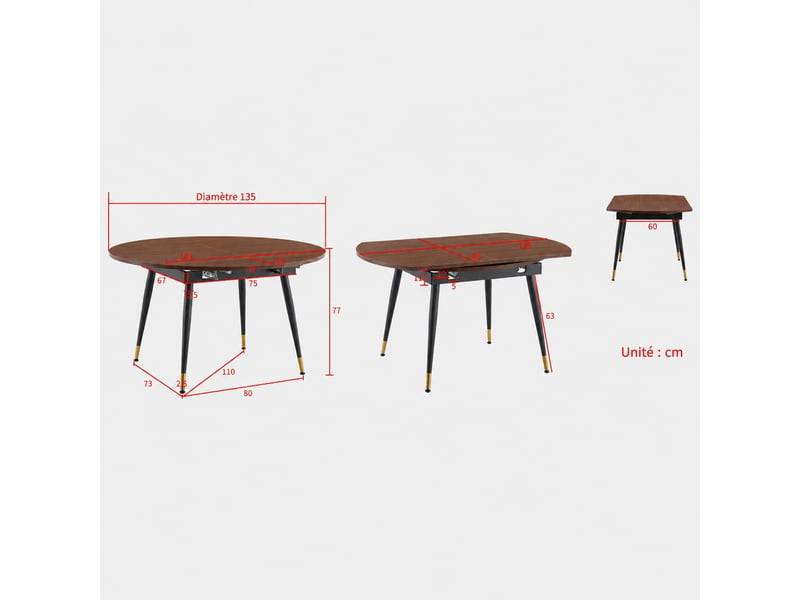  Table à manger extensible moderne - ronde à ovale - plateau accents dorés, pieds, gain de place - métal, mdf - noyer Bubbly - Conforama C