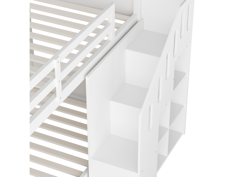  Lit superposé 90x200cm, lit enfant avec casiers de rangement, escalier et sommier, bois+mdf, blanc, sans matelas  - Conforama E